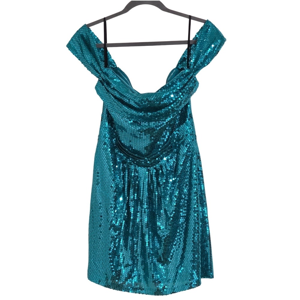 NBD Annelise Mini Dress Women Medium Turquoise Sequin Off-the-Shoulder Read